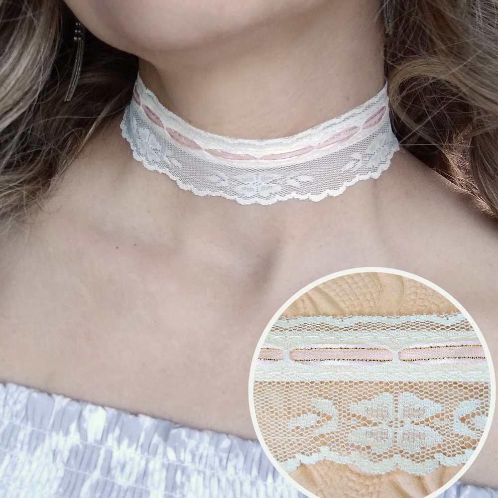 Cream Pink Lace Choker Collar Necklace - Ribbon Ties -  Handmade,  M -XL Sizes!